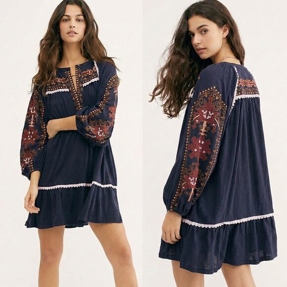 Free People Dresses & Skirts - Free People Mini Tunic Embroidered Drop Waist Balloon Sleeve - S - New